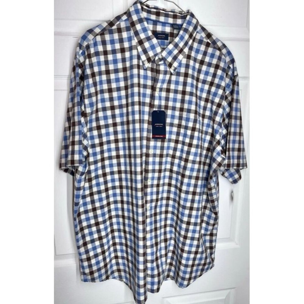 Arrow S/S Button Shirt Coastal Cove Rivera Brown Blue Check Men’s 2XL NWT